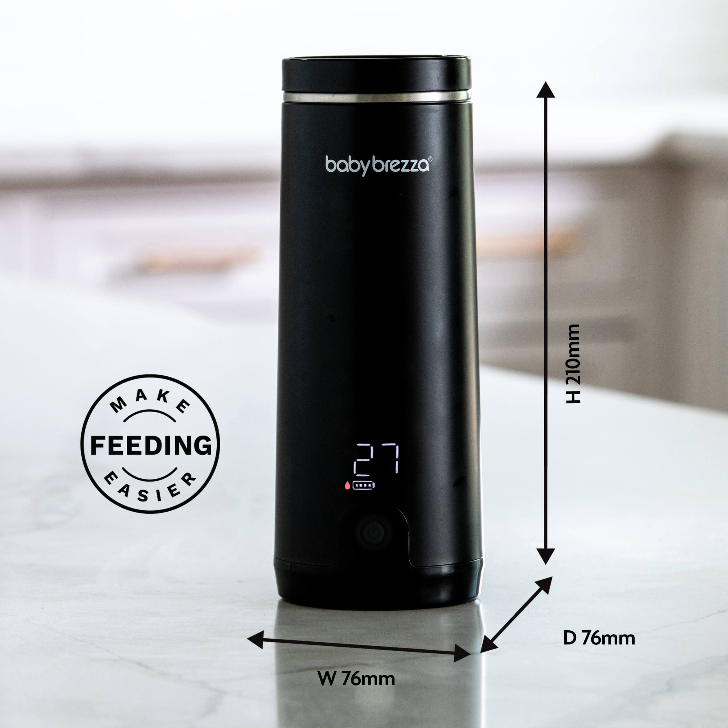The BIG BREZZA BUNDLE: Formula Pro Advanced, Bottle Washer Pro + MUCH MORE! by Baby Brezza UK sits on the counter, all in sleek black. Dimensions: 210mm x 76mm x 76mm. Make Feeding Easier. - product thumbnail