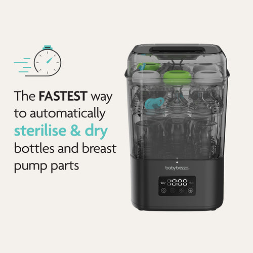 The Baby Brezza UK BUNDLE Formula Pro Mini White & SuperQuick Steriliser Black quickly sterilises & dries bottles and pump parts—just like our compact formula maker. Fast, automatic, and easy. Stopwatch icon included. - product thumbnail