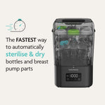 A black Baby Brezza UK BUNDLE SuperQuick Steriliser Dryer and SuperFast Portable Bottle Warmer, filled with baby bottles, sits next to text reading, The FASTEST way to automatically sterilise & dry bottles and breast pump parts, with a clock icon above. - product thumbnail
