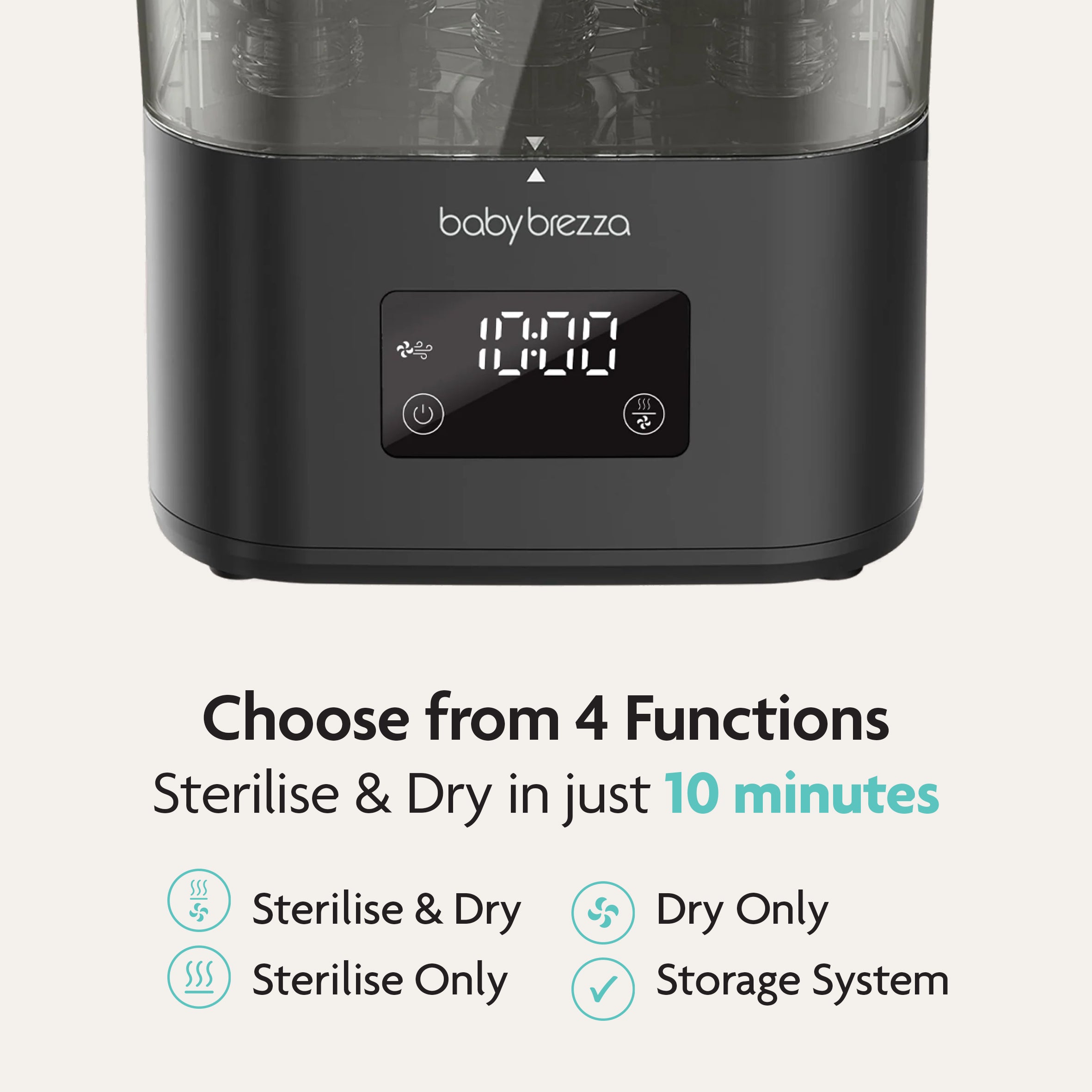 The Baby Brezza BUNDLE includes the Formula Pro Mini (White) and SuperQuick Steriliser (Black), featuring a digital display with four functions. It sterilises and dries bottles in just 10 minutes—ideal for pairing with your compact formula maker. - product thumbnail
