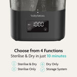 The Baby Brezza UK BUNDLE Formula Pro Advanced and SuperQuick Steriliser in all black features 4 easy-to-use functions. Sterilise & dry bottles in just 10 minutes—just like the Formula Pro Advanced automatic formula maker. Digital display shows 12:00. - product thumbnail