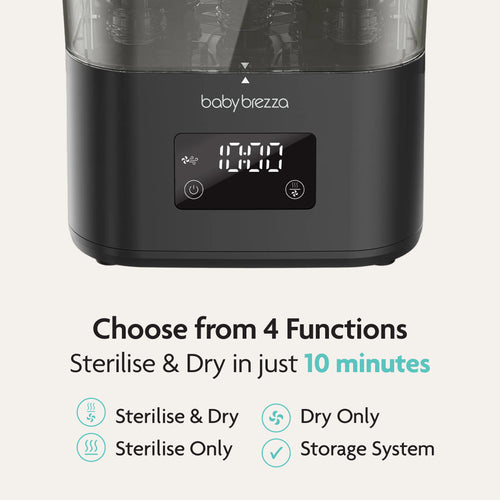 The Baby Brezza UK BUNDLE Formula Pro Advanced and SuperQuick Steriliser in all black features 4 easy-to-use functions. Sterilise & dry bottles in just 10 minutes—just like the Formula Pro Advanced automatic formula maker. Digital display shows 12:00. - product thumbnail