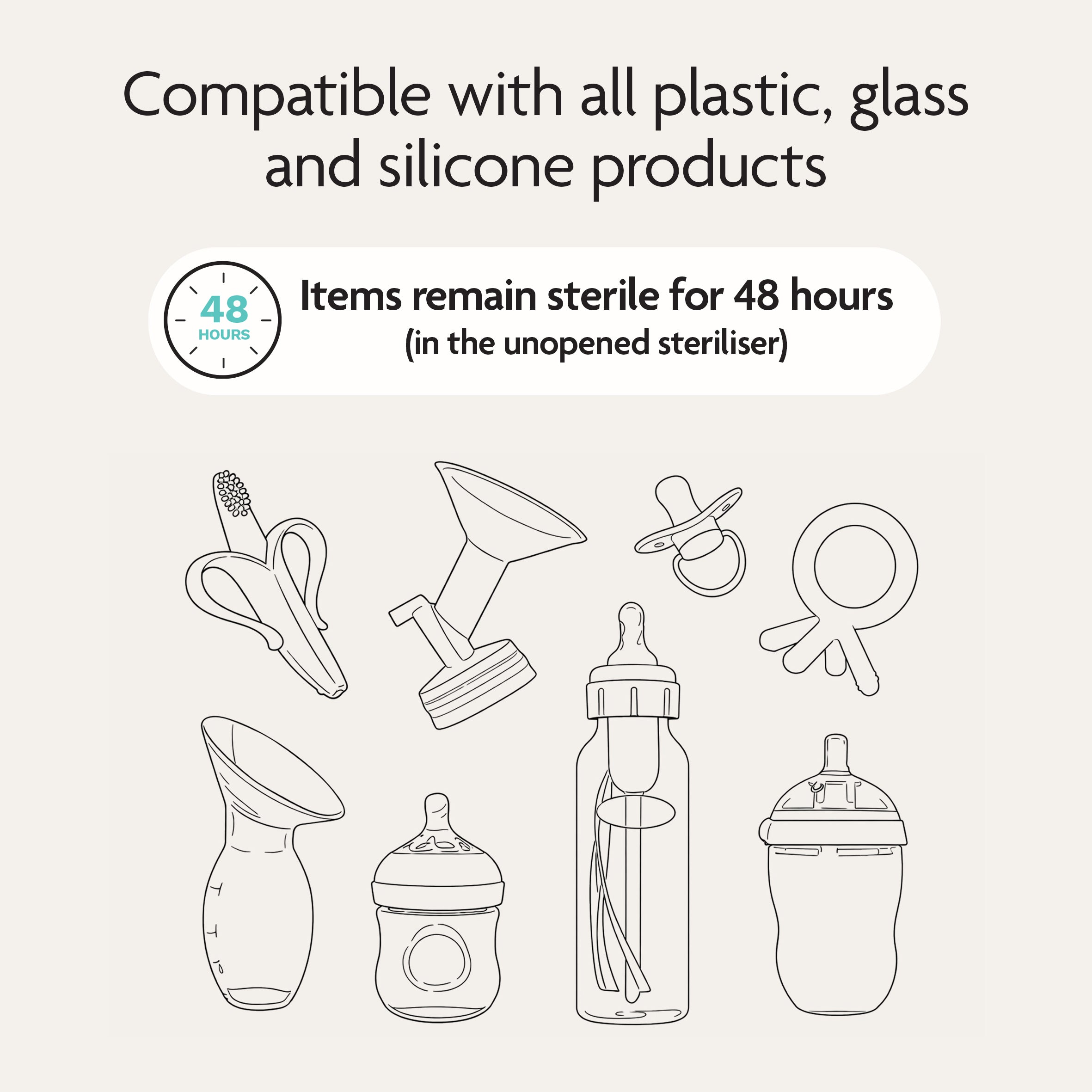 Line drawings of baby bottles, a pacifier, and a toothbrush with text stating Compatible with all plastic, glass and silicone products. The Baby Brezza BUNDLE SuperQuick Steriliser Dryer And SuperFast Portable Bottle Warmer by Baby Brezza UK ensures items stay sterile for 48 hours (when the steriliser is unopened), making it one of the fastest options for busy parents. - product thumbnail