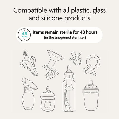 Line drawings of baby bottles, pacifiers, a teether, a breast pump, and the Baby Brezza BUNDLE Formula Pro Advanced And SuperQuick Steriliser (All Black) are shown with text: Compatible with all plastic, glass & silicone products. Stays sterile for 48 hours unopened. - product thumbnail