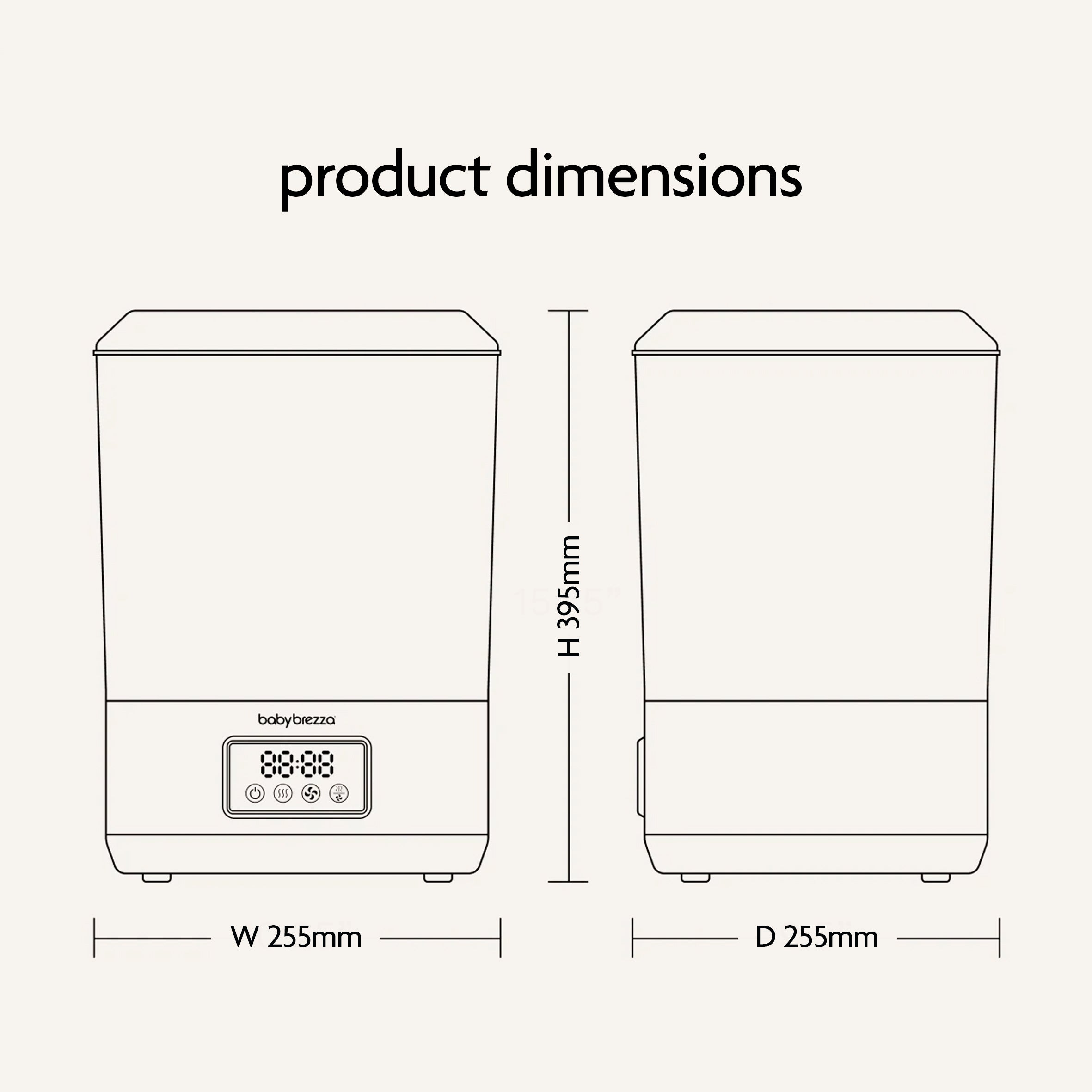 Line drawing of a rectangular appliance labeled Baby Brezza BUNDLE SuperQuick Steriliser Dryer And SuperFast Portable Bottle Warmer by Baby Brezza UK, with dimensions: height 395mm, width 255mm, and depth 255mm. The display reads 88:8. Text above reads product dimensions. Designed as a baby bottle steriliser, this appliance combines convenience and efficiency in a compact frame. - product thumbnail