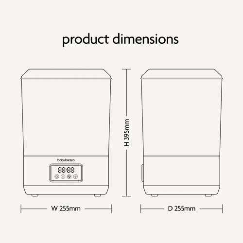 Line drawing of the Baby Brezza BUNDLE SuperQuick Steriliser Dryer (395mm H x 255mm W x 255mm D), labeled as a fast drying steriliser with digital display. Product dimensions shown above. Brand: Baby Brezza UK. - product thumbnail