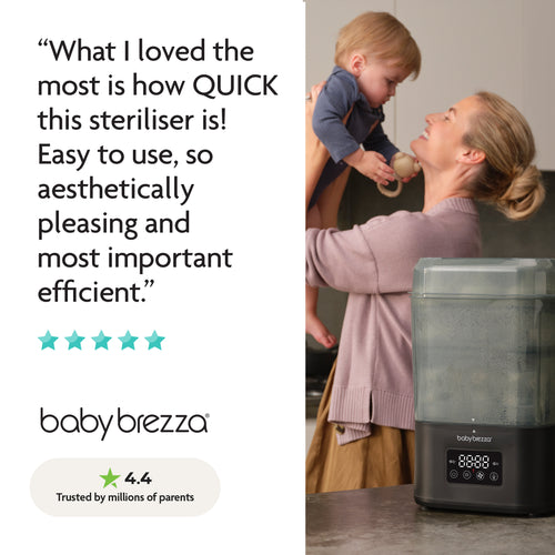 A smiling woman lifts a small child in the kitchen beside a Baby Brezza UK BUNDLE SuperQuick Steriliser Dryer and SuperFast Portable Bottle Warmer, a 5-star customer review, 4.4 rating, and “Trusted by millions of parents.”. - product thumbnail