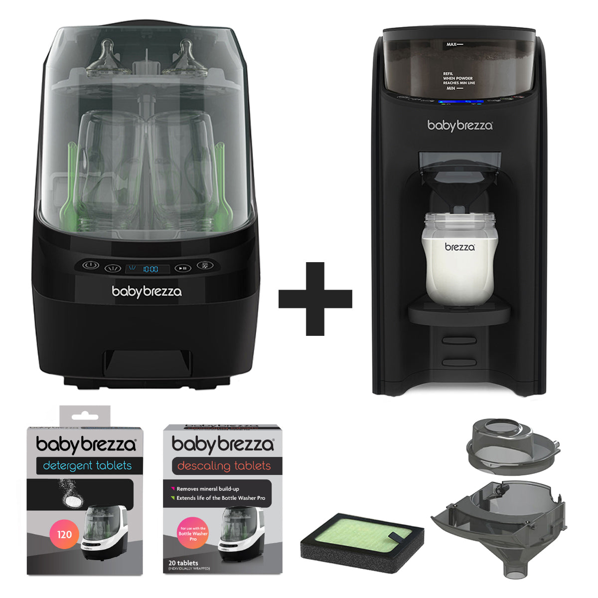The Baby Brezza UK ULTIMATE BUNDLE features the all-black Formula Pro Advanced and Bottle Washer Pro with accessories, arranged side by side on a white background. - product thumbnail