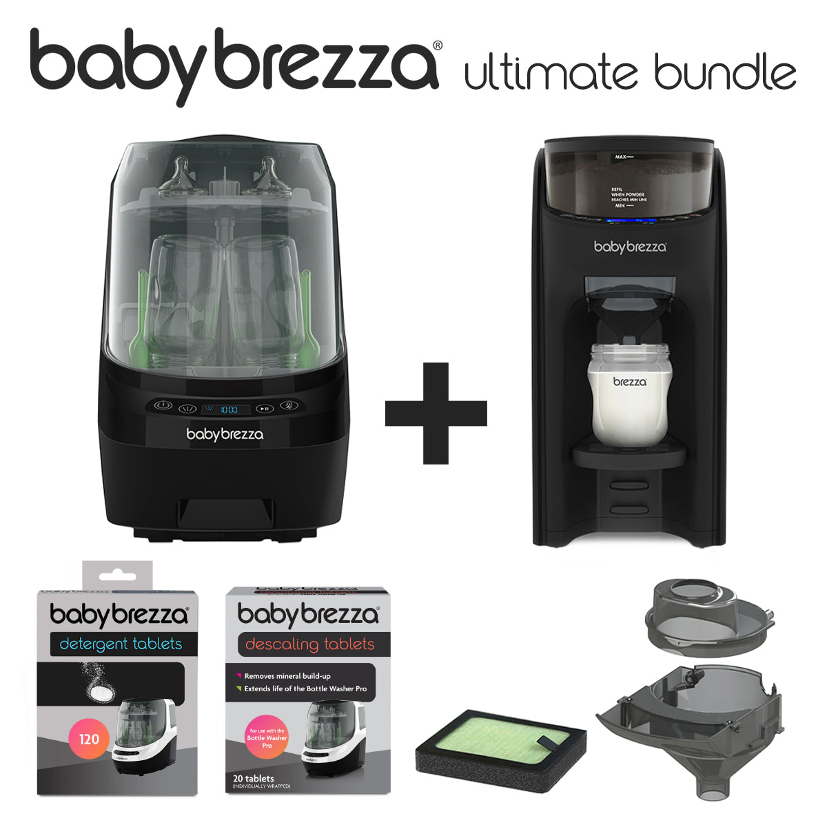 Baby Brezza UK ULTIMATE BUNDLE: Formula Pro Advanced, Bottle Washer Pro + Accessories—all black—includes automatic formula maker and bottle washer with essential parts and accessories, neatly arranged on a white background. - product thumbnail