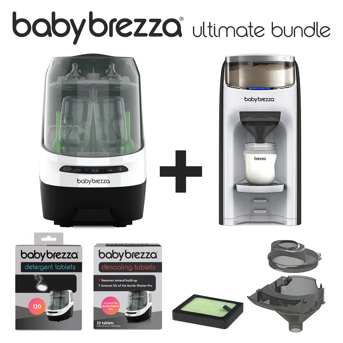 The image displays the Baby Brezza UK ULTIMATE BUNDLE: Formula Pro Advanced, Bottle Washer Pro + Accessories (White and Black), with the brand name and bundle title shown at the top. - product thumbnail