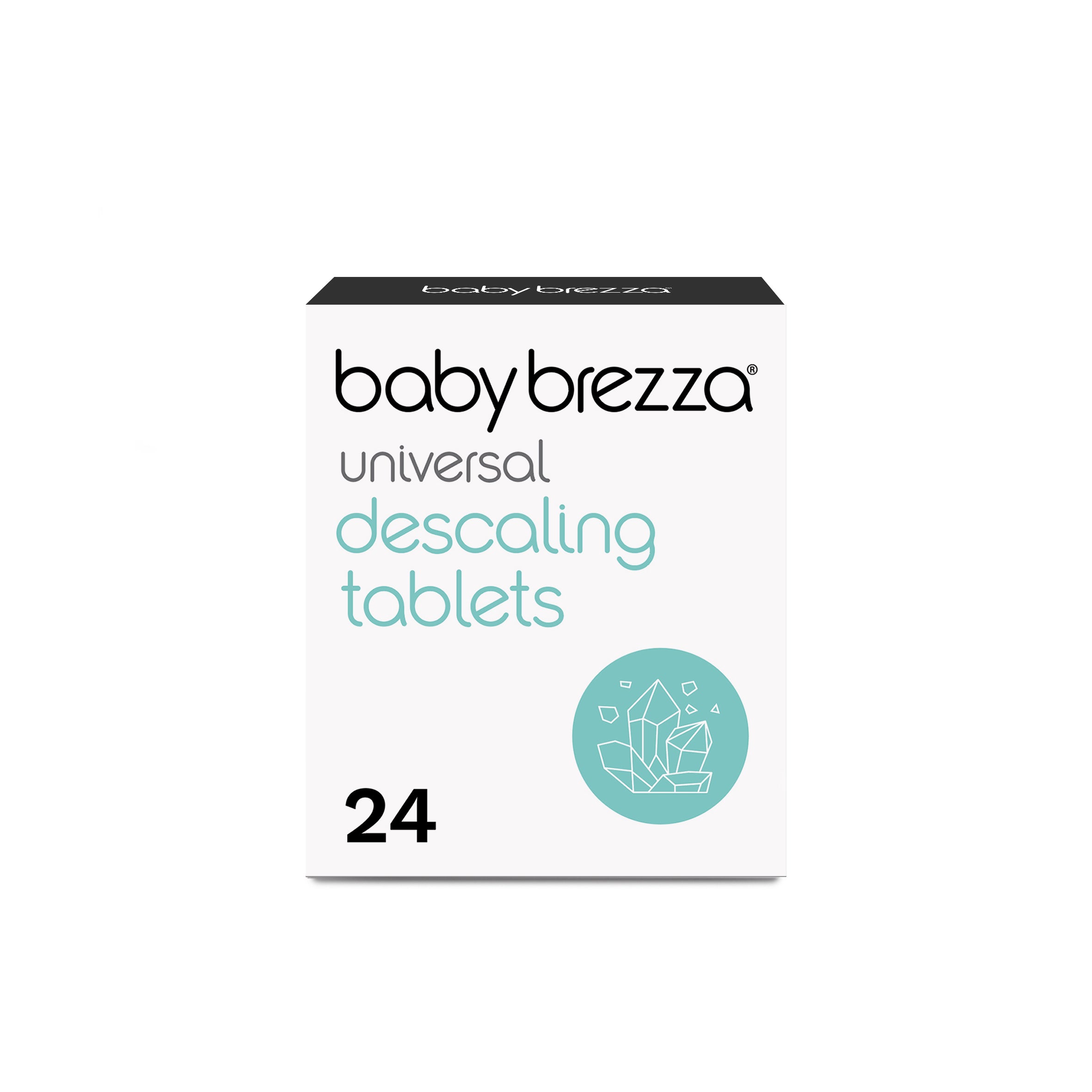A box of Baby Brezza Universal Descaling Tablets from Baby Brezza UK contains 24 baby-safe tablets to remove limescale, packaged in a white box with black and teal text and a crystal illustration. - product thumbnail
