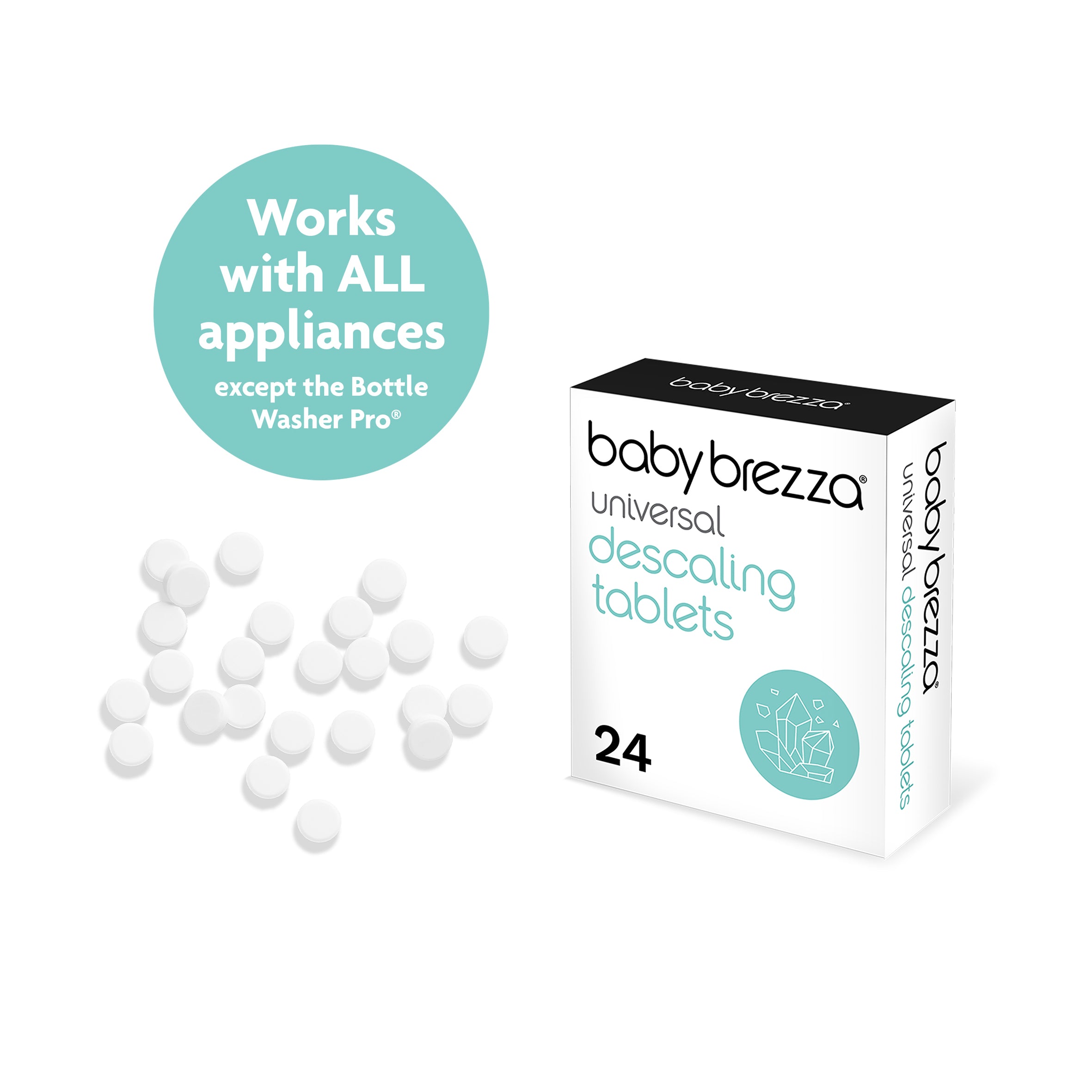 A box of Baby Brezza UK Universal Descaling Tablets (24 count) sits beside loose, baby-safe tablets. A label notes compatibility with all appliances except the Bottle Washer Pro. White box with teal/black text; removes limescale effectively. - product thumbnail
