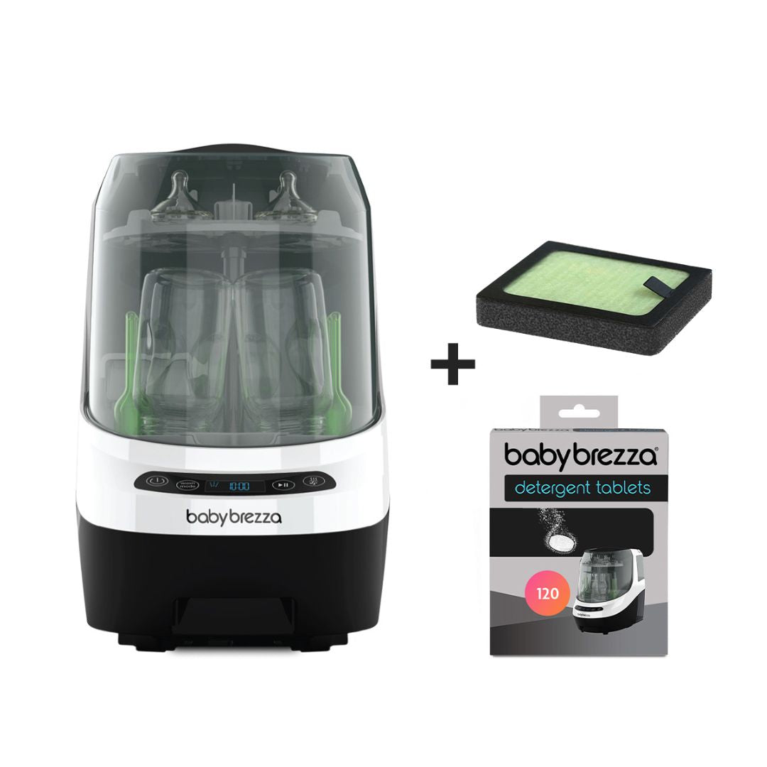 The Baby Brezza UK BUNDLE: Bottle Washer Pro in white and black, with transparent lid, comes with a rectangular green HEPA filter and 120 detergent tablets, and doubles as a convenient bottle steriliser for daily use. - product thumbnail