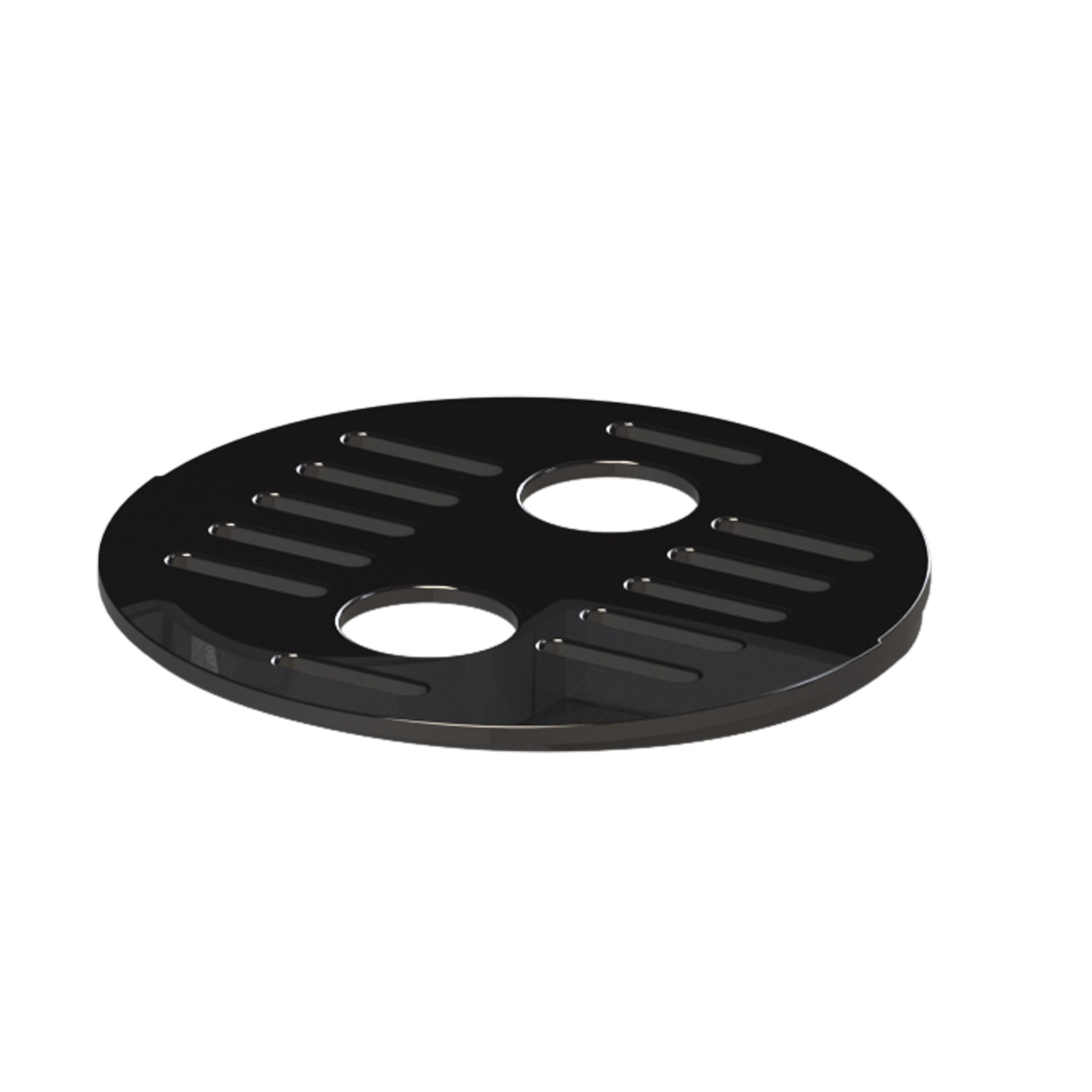 The Baby Brezza UK Replacement Bottle Grate for Formula Pro Advanced Only is a round black metal disc with two large holes and several parallel slots. Check the user manual for proper installation in your Formula Pro Advanced. - product thumbnail