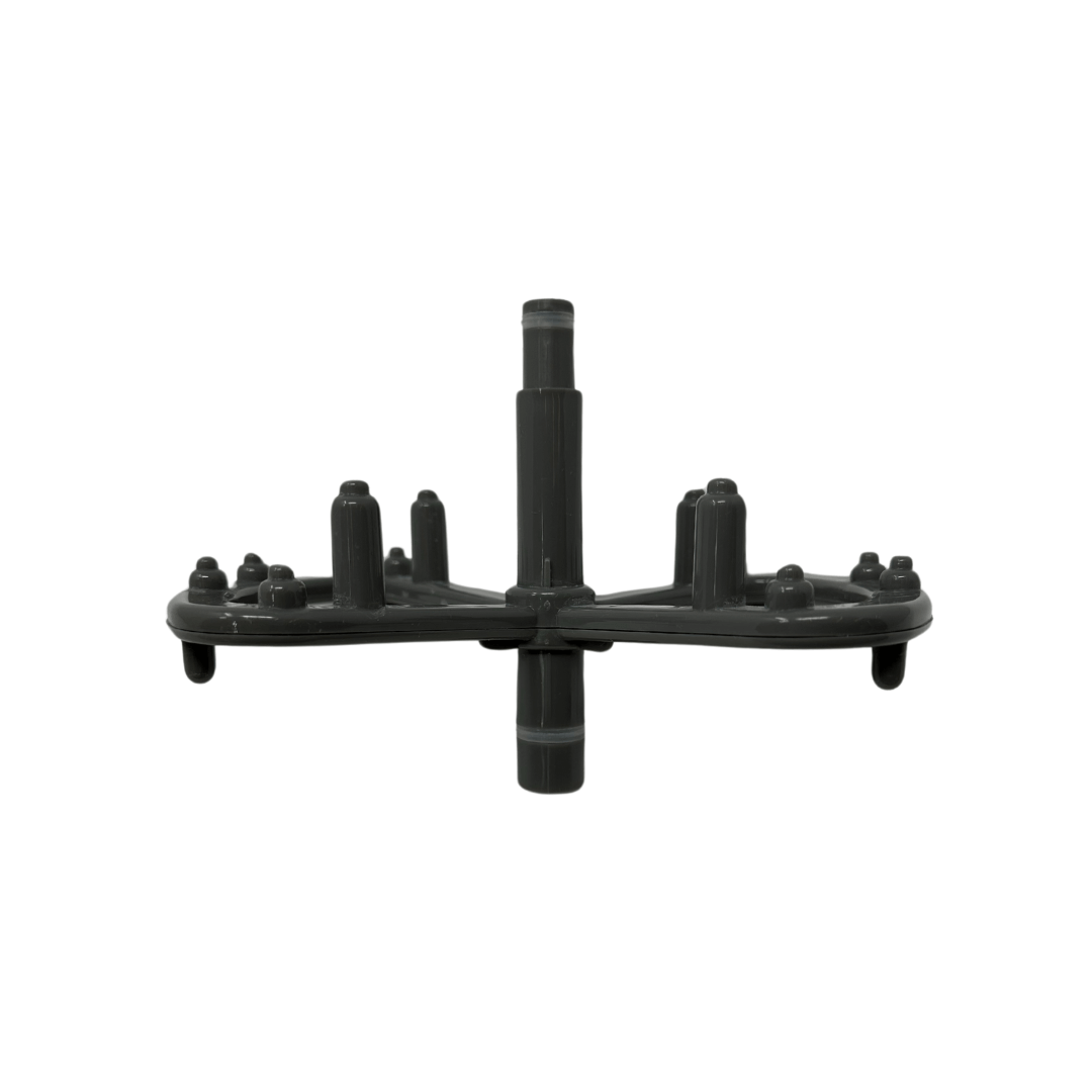 The Baby Brezza UK Bottle Washer Replacement Bottom Spray Arm, made of black plastic with a central hub and multiple short nozzles on both sides, is shown on a white background—perfect as a replacement part. - product thumbnail