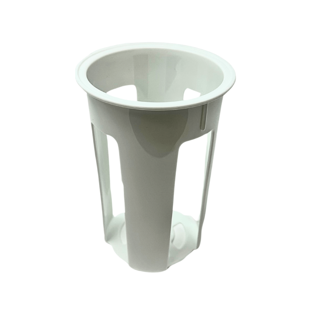 A white, cylindrical Bottle Warmer Replacement Bottle Tray by Baby Brezza UK with open sides and a flared rim, ideal as an accessory or bottle tray, shown on a plain white background. - product thumbnail