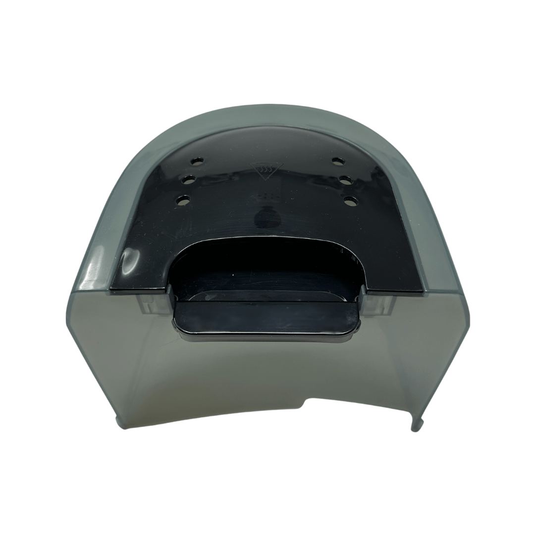 The Baby Brezza UK Bottle Washer Replacement Lid is a translucent gray plastic lid with a black insert featuring multiple small holes and a front slot, shown on a white background. - product thumbnail