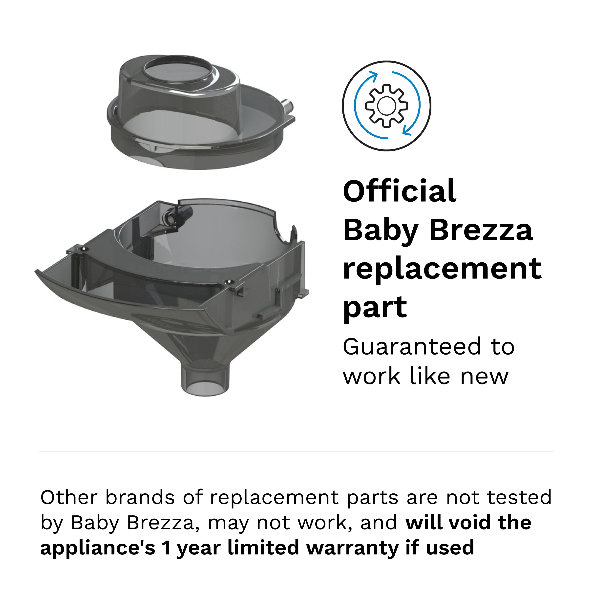 Two black plastic Baby Brezza UK Funnel and Cover for the Formula Pro Advanced are shown above text stating they're official parts, guaranteed to work like new, and needed to keep your appliance’s 1-year limited warranty valid. - product thumbnail