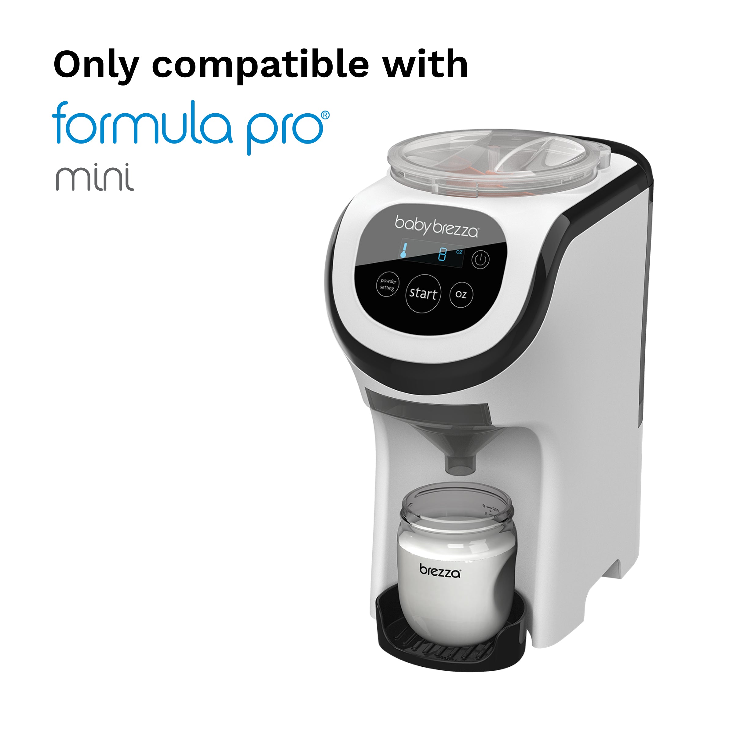 A white and black Baby Brezza UK Replacement Funnel & Cover for Formula Pro Mini with a clear lid dispenses formula into a small Brezza bottle; text above reads Only compatible with Formula Pro Mini. - product thumbnail
