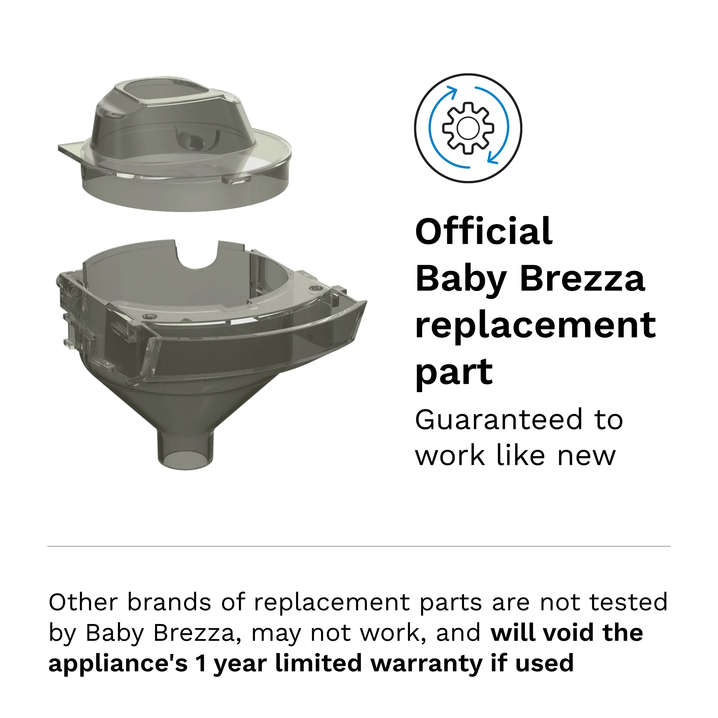 Shown above are two gray plastic components from the Baby Brezza UK Replacement Funnel & Cover for Formula Pro Mini, the official parts required to maintain your warranty and ensure like-new performance. - product thumbnail