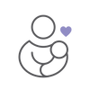 A minimalist line icon of a mother holding a baby, with a small purple heart above the baby