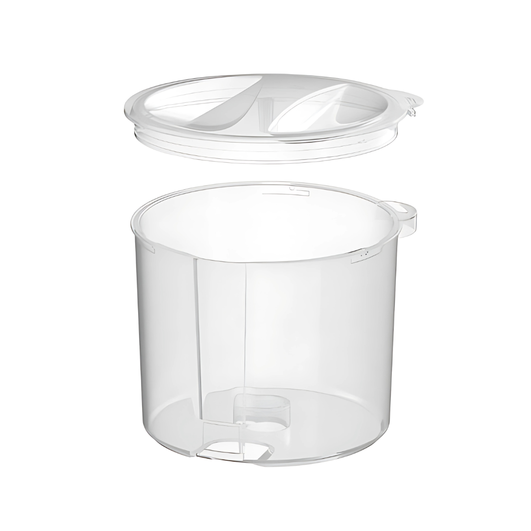 The Baby Brezza UK Formula Pro Mini Replacement Powder Container & Lid BUNDLE features a clear, cylindrical plastic container with a dual-section transparent lid and a bottom spout—perfect for your Formula Pro Mini. - product thumbnail