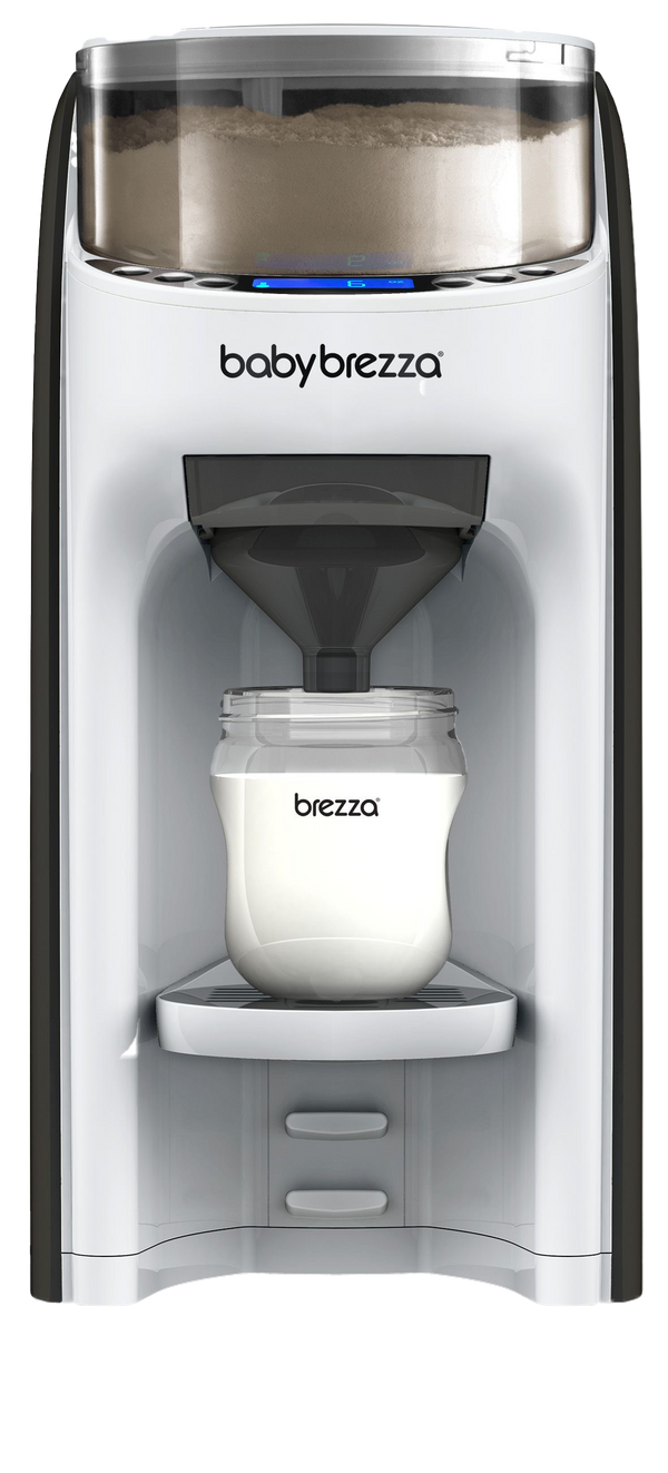 A Baby Brezza formula dispenser machine with a clear container of formula powder on top and a bottle of mixed formula placed in the bottom compartment.