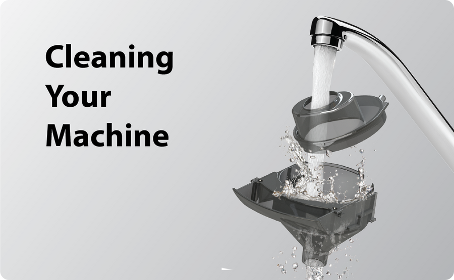 A faucet pours water onto the separated parts of a machine, with water splashing as it rinses them. The text Cleaning Your Machine appears on the left over a light gray background.