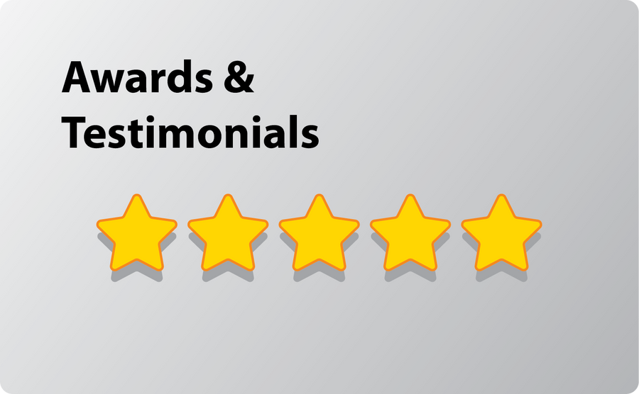 Bold black text reads Awards & Testimonials above a row of five yellow stars on a light gray gradient background, suggesting a five-star rating or positive reviews.