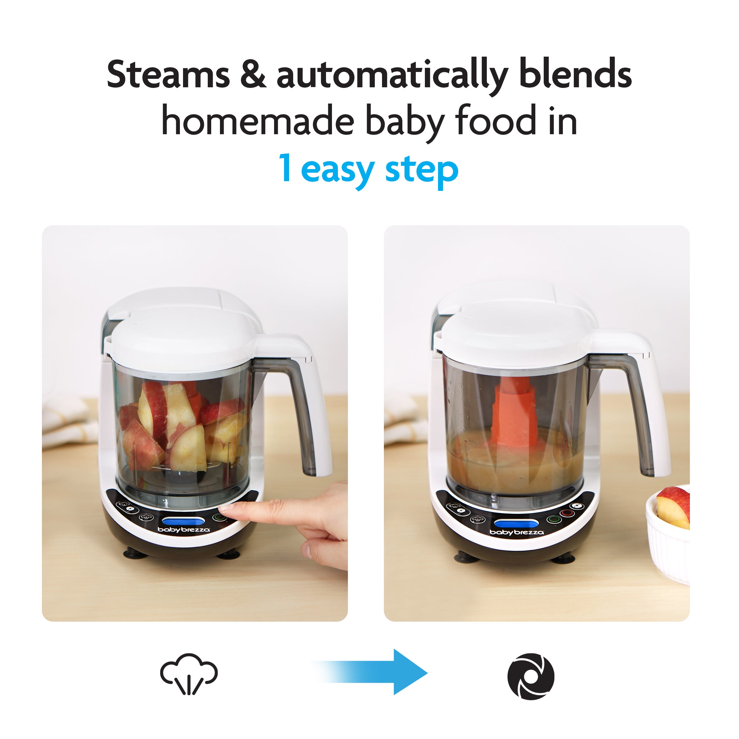 A Baby Brezza UK BIG BREZZA BUNDLE baby food maker sits on a table with chopped apples. A hand presses a button, blending the apples. Text above: Steams & automatically blends baby food in 1 step—pairs with any formula maker. - product thumbnail