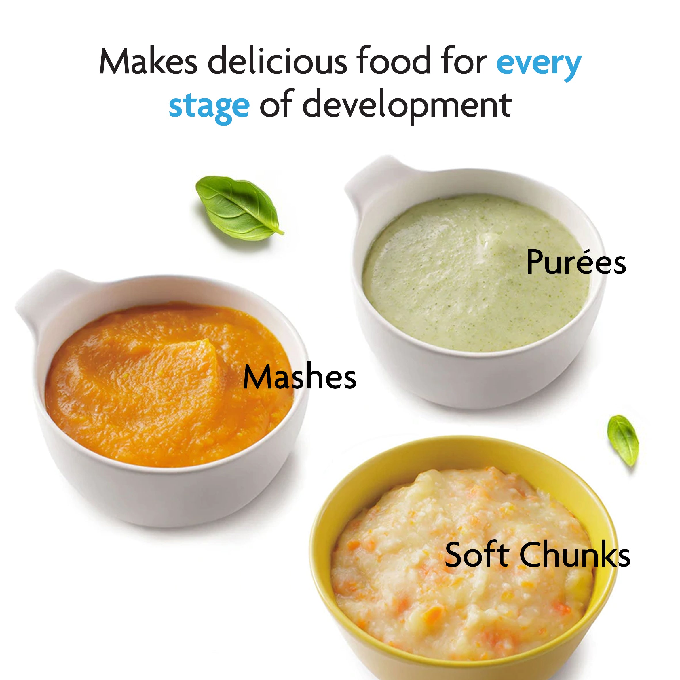 Three bowls show baby food at different stages: green purée, orange mash, and yellow chunks. Next to them sits the Baby Brezza UK BIG BREZZA BUNDLE: Formula Pro Advanced, Bottle Washer Pro + MUCH MORE! in sleek black. - product thumbnail