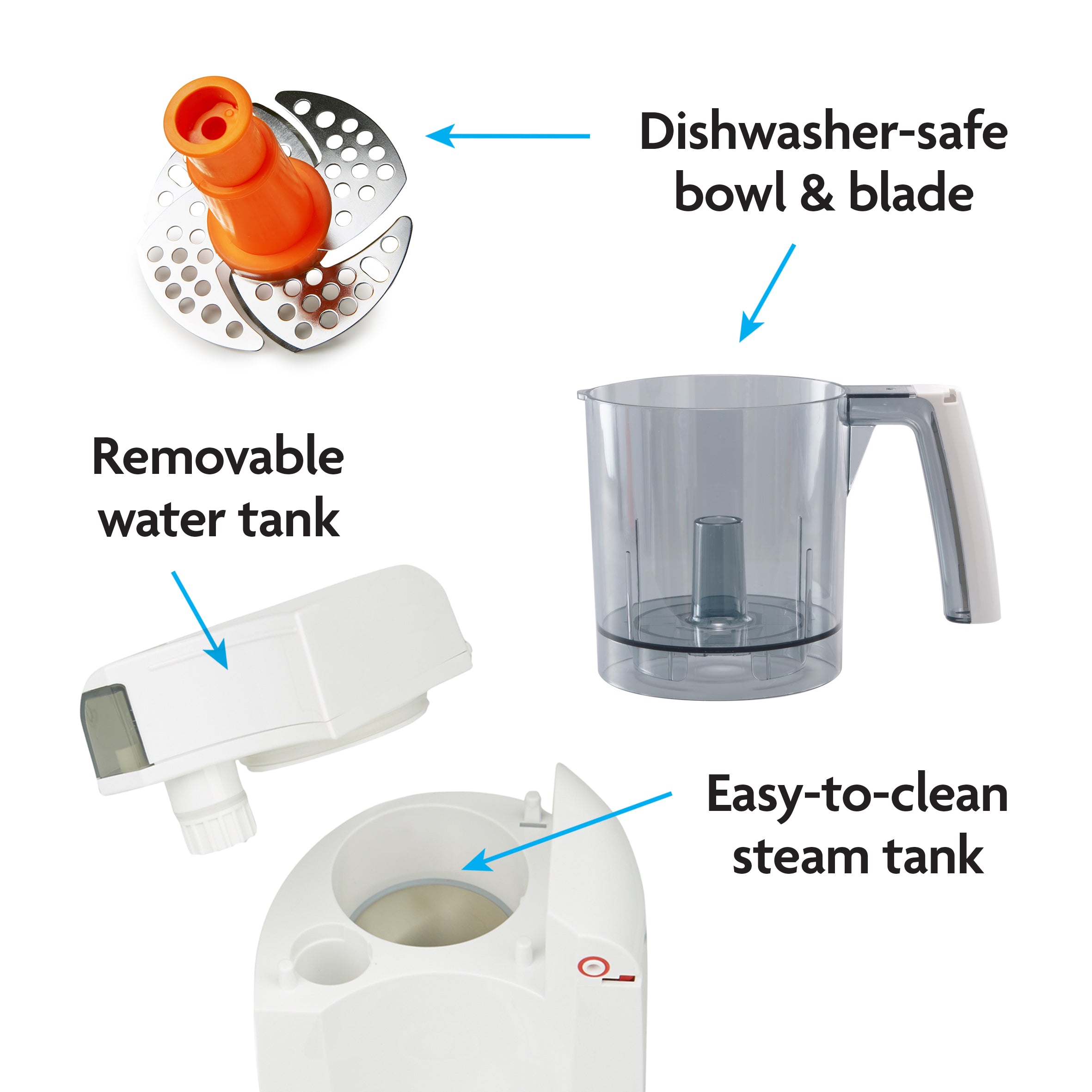 Image shows Baby Brezza UK's BIG BREZZA BUNDLE: Formula Pro Advanced, Bottle Washer Pro + MUCH MORE! All Black with metal blade (orange center), clear handled bowl, removable white tank, and base labeled for easy cleaning and dishwasher safety. - product thumbnail