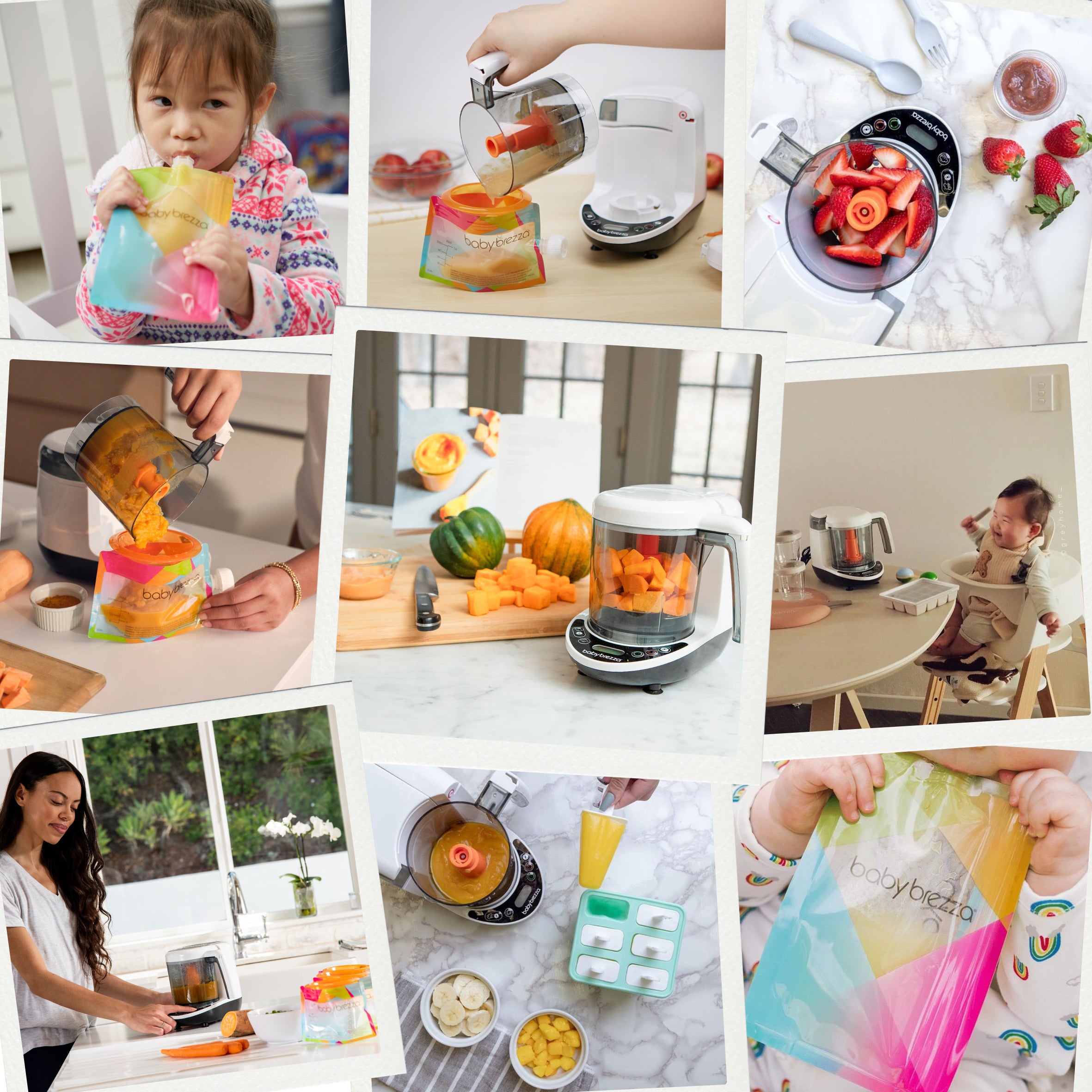 A collage features parents and children preparing and enjoying homemade baby food with the Baby Brezza UK One Step Food Maker Deluxe, effortlessly steaming and blending fresh fruits and vegetables. Colorful pouches and feeding accessories brighten the inviting kitchen setting. - product thumbnail