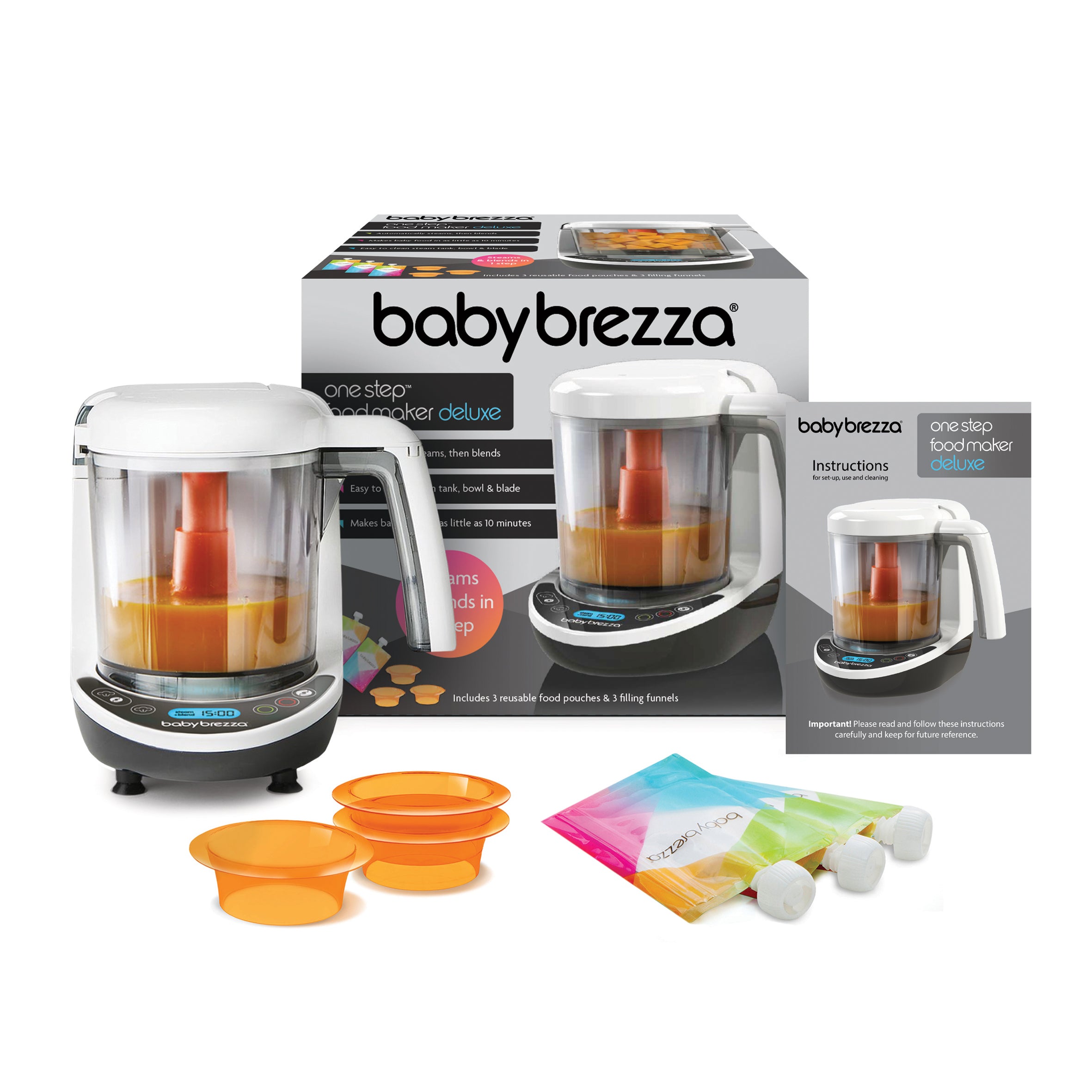 The Baby Brezza UK One Step Food Maker Deluxe set includes a versatile appliance that steams and blends homemade baby food, along with two orange bowls, three colorful capped pouches, an instruction booklet, and the original packaging box—all displayed together. - product thumbnail
