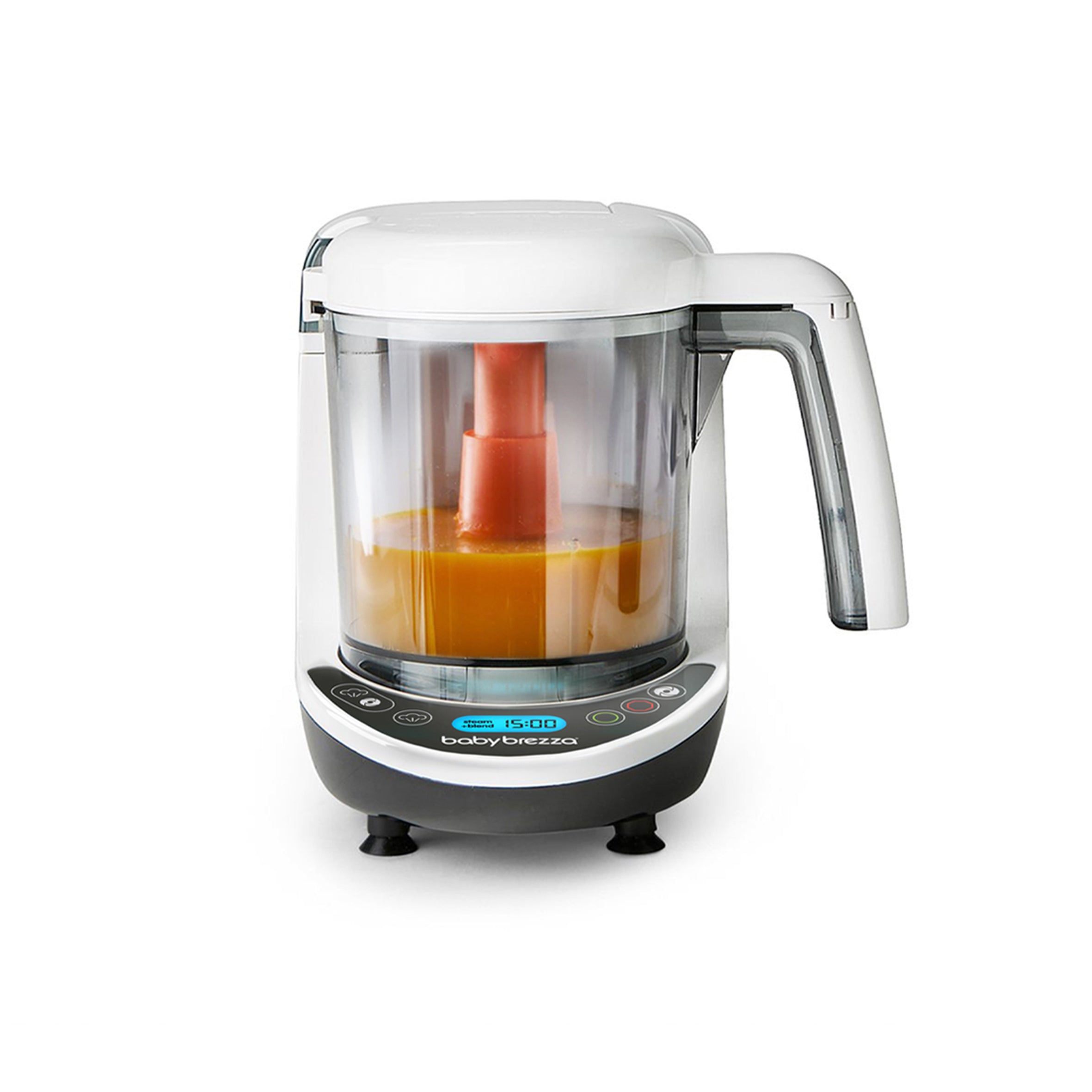 The Baby Brezza UK One Step Food Maker Deluxe, a white and gray baby food maker with a clear container, is shown expertly mixing orange puree. Designed for convenience, this steam-and-blend appliance features an intuitive control panel with buttons and a timer, making homemade baby food preparation effortless. The sleek One Step Food Maker Deluxe sits elegantly on a white surface. - product thumbnail