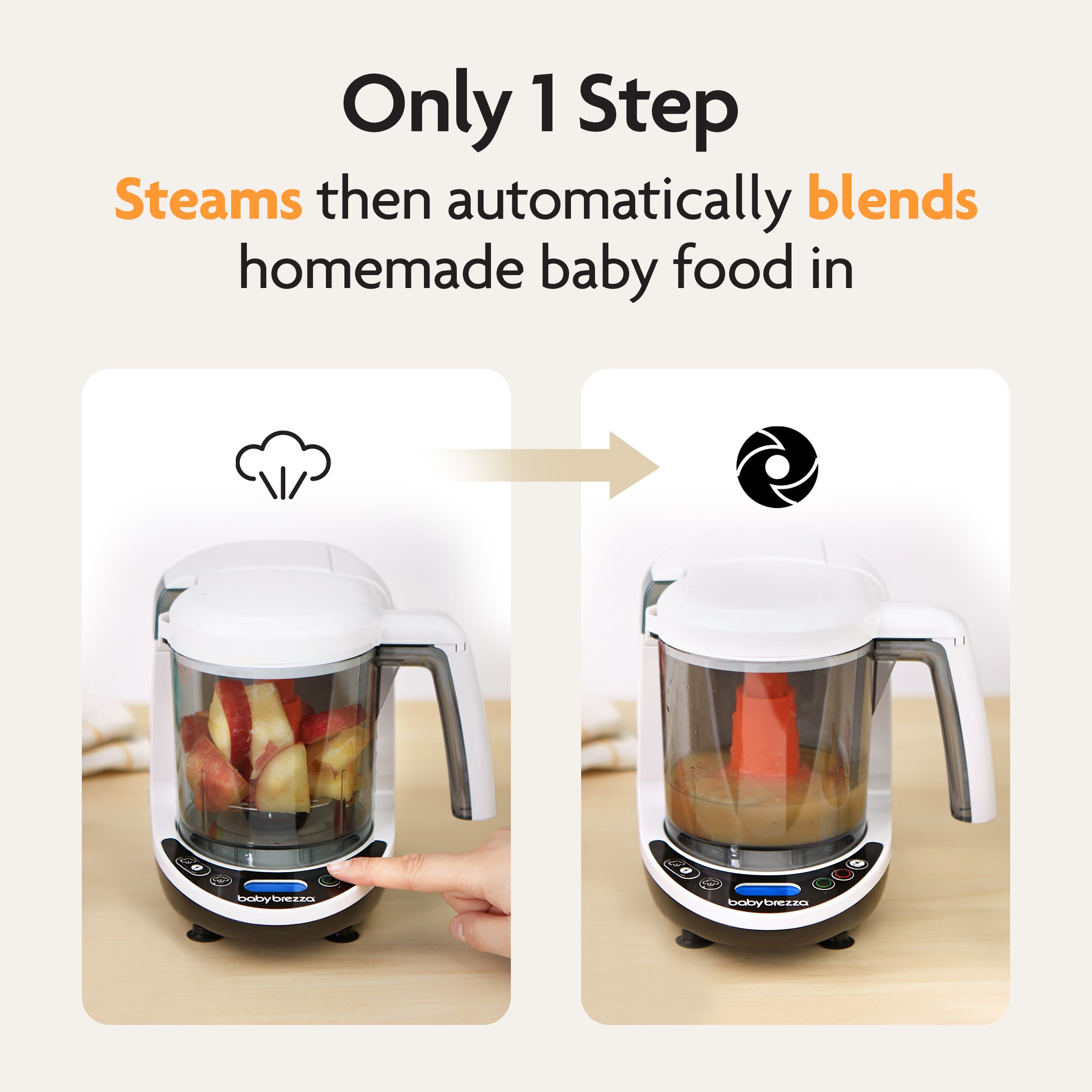 The Baby Brezza UK One Step Food Maker Deluxe is shown steaming and blending apple pieces to create homemade baby food, depicted in two side-by-side images with icons emphasizing the easy steam and blend process. - product thumbnail