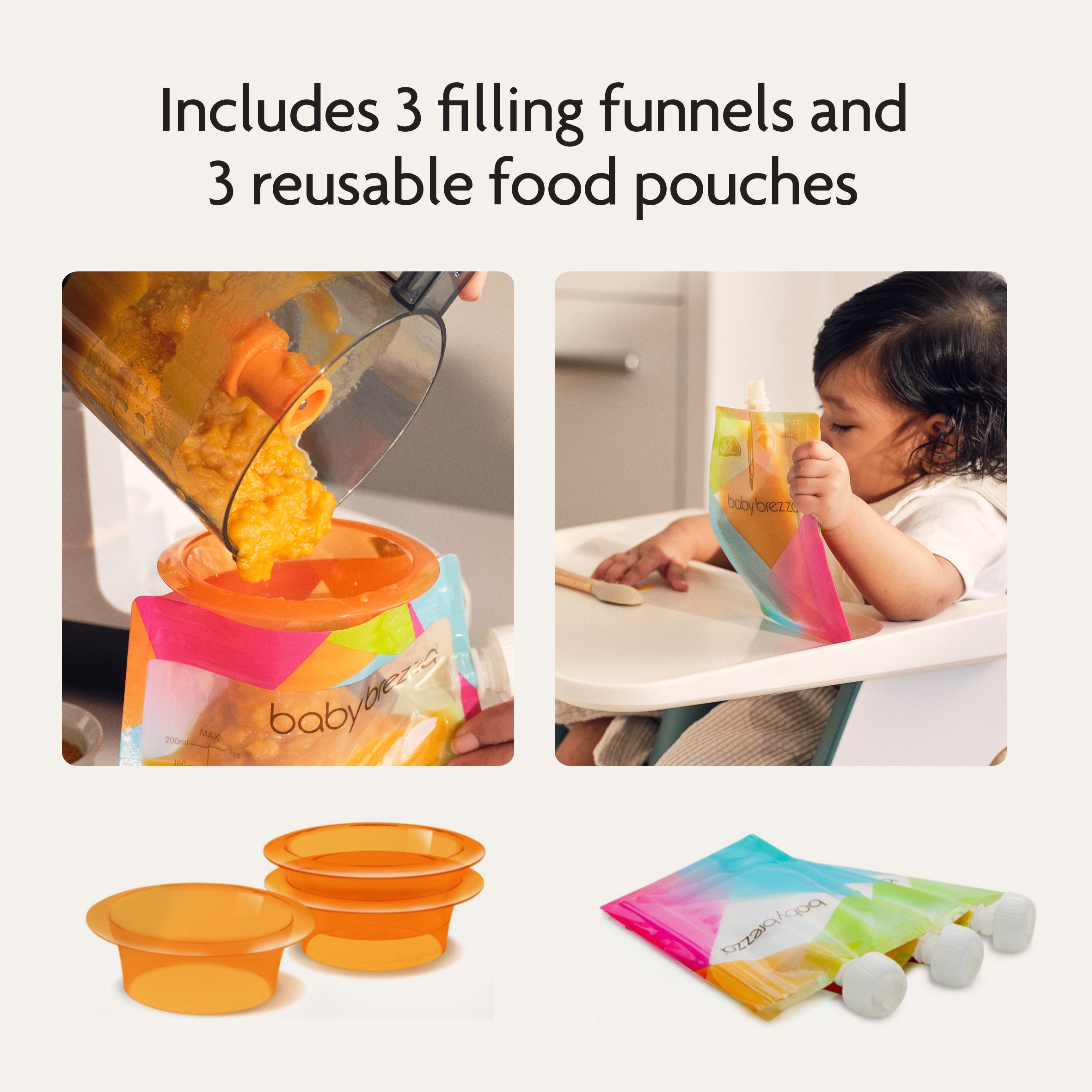 Three orange funnels, colorful reusable pouches being filled with homemade baby food, and a toddler holding a pouch. Text reads: Includes 3 filling funnels and 3 reusable food pouches—perfect for use with your Baby Brezza UK One Step Food Maker Deluxe to steam and blend nourishing meals at home. - product thumbnail