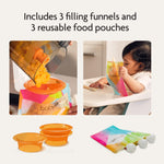 Collage shows orange filling funnels, Baby Brezza UK One Step Food Maker Deluxe, colorful reusable food pouches being filled, and a toddler eating. Text: Includes 3 filling funnels & 3 FREE reusable pouches. - product thumbnail