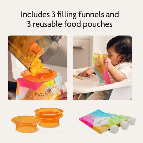 Collage shows orange filling funnels, Baby Brezza UK One Step Food Maker Deluxe, colorful reusable food pouches being filled, and a toddler eating. Text: Includes 3 filling funnels & 3 FREE reusable pouches. - product thumbnail