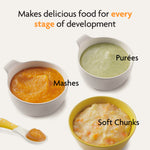 Three small bowls display homemade baby food made with the Baby Brezza UK One Step Food Maker Deluxe + FREE Pouches: orange mash, green purée, and soft chunks. A baby spoon and empty pouches are also shown above the phrase about every development stage. - product thumbnail