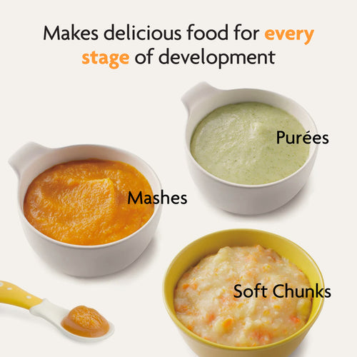Three small bowls display homemade baby food made with the Baby Brezza UK One Step Food Maker Deluxe + FREE Pouches: orange mash, green purée, and soft chunks. A baby spoon and empty pouches are also shown above the phrase about every development stage. - product thumbnail