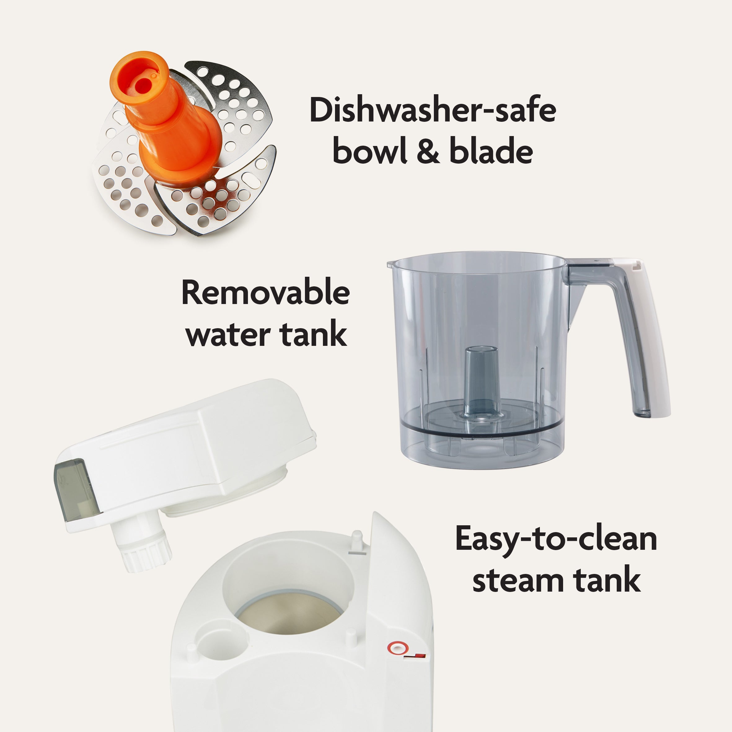 Each part of the Baby Brezza UK One Step Food Maker Deluxe is clearly shown against a plain background, including its dishwasher-safe bowl & blade, removable water tank, and easy-to-clean steam tank. Designed for effortless homemade baby food preparation, this appliance steams and blends ingredients with ease. - product thumbnail