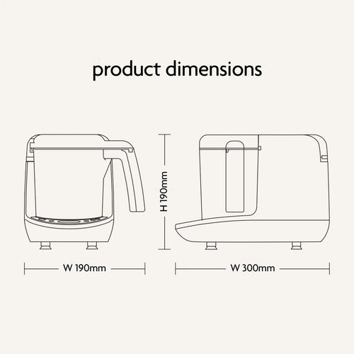 Line drawing of the Baby Brezza UK One Step Food Maker Deluxe + FREE Pouches: 190mm wide (front), 300mm wide (side), 190mm high. Product dimensions—ideal for making homemade baby food or filling pouches. - product thumbnail