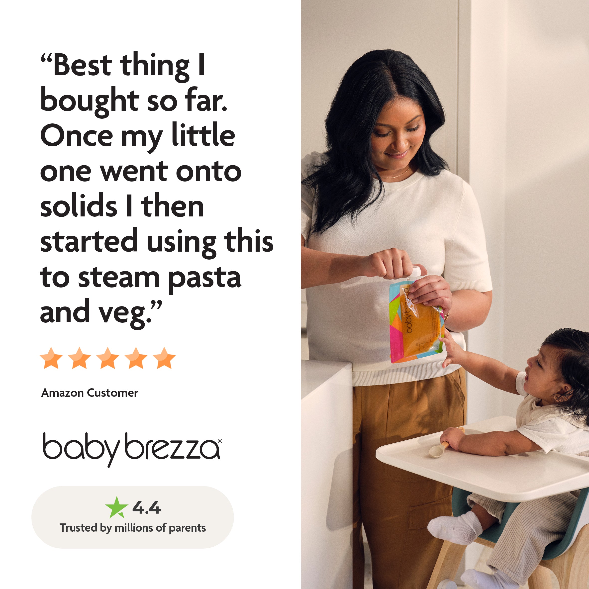 A woman pours homemade baby food into a bowl while a baby sits in a high chair. The image features a customer review, 5-star rating, the Baby Brezza UK logo, and a 4.4-star rating trusted by millions of parents—highlighting the ease of preparing meals with the innovative One Step Food Maker Deluxe, which can steam and blend ingredients to perfection. - product thumbnail