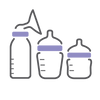 A minimalist line-art icon showing three baby bottles of different sizes with a purple band around each