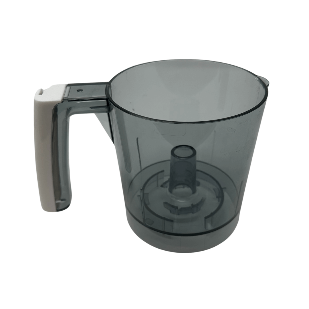 The Baby Brezza UK Food Maker Replacement Bowl is made of transparent gray plastic, features a white-tipped handle and a central cylindrical post, and is shown against a white background. - product thumbnail