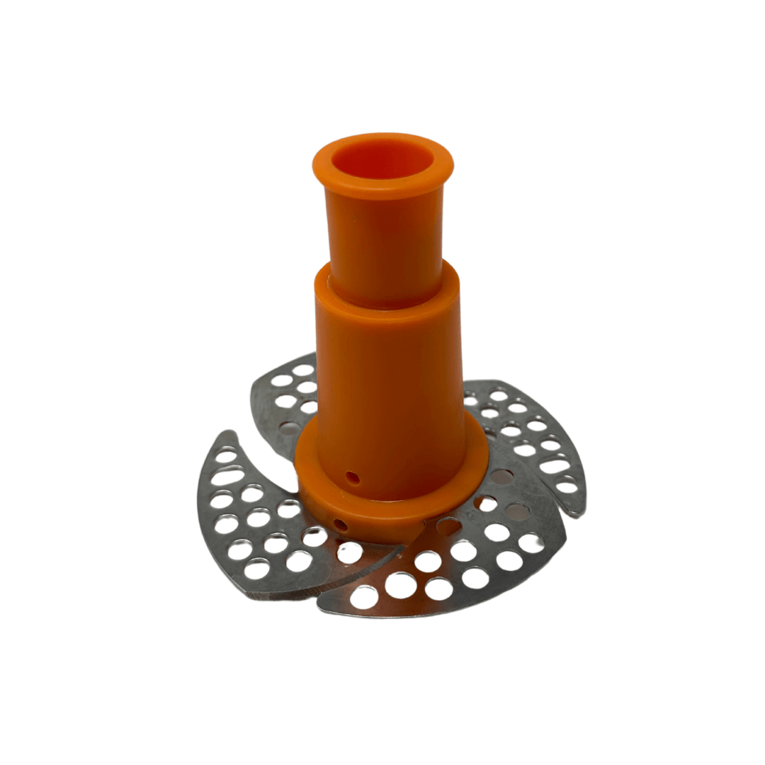 The Baby Brezza UK Food Maker Replacement Blade is an orange plastic cylindrical attachment with a wide base and three curved metal blades with multiple holes, shown on a plain white background. - product thumbnail