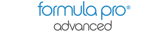 The logo for 'formula pro advanced'. 'formula pro' is n blue and 'advanced' in dark grey text.