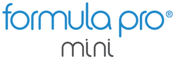 The logo for 'formula pro mini', featuring the words 'formula pro' in a blue lowercase font and 'mini' in a dark gray font below it.