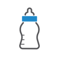 A minimalist vector icon of a baby bottle, featuring a grey outline, white body,  and a blue collar.